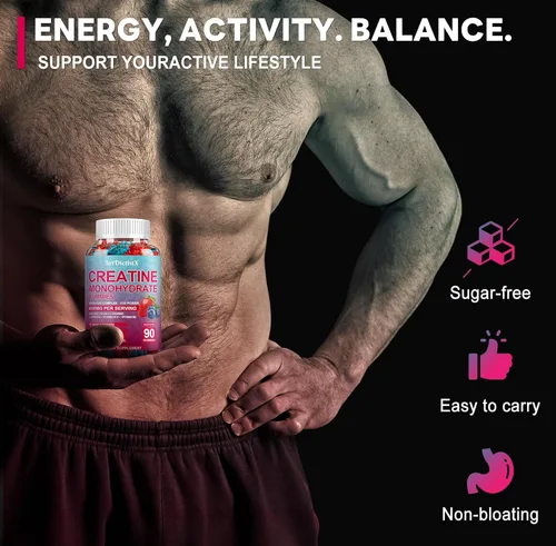 Miniatura 6 de Gomitas de monohidrato de creatina de 8000 mg con BCAA, L-carnitina, taurina y vitamina B12, suplemento preentrenamiento para crecimiento muscular