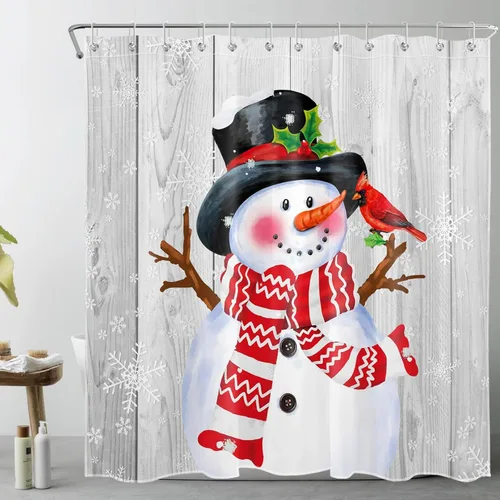 Miniatura 11 de LB Cortina de ducha de muñeco de nieve azul para baño, árbol de Navidad y copo de nieve en invierno con ganchos, juego de cortina de baño