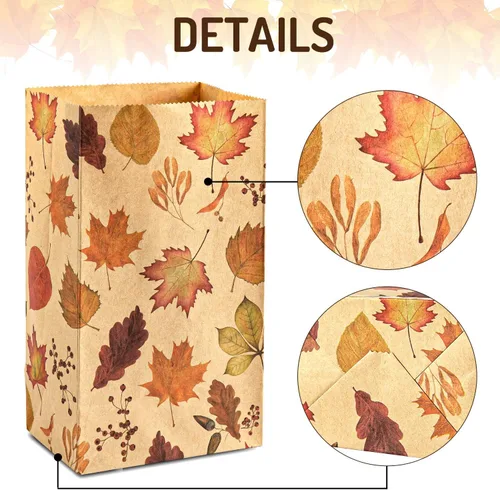 Miniatura 5 de Whaline 48 bolsas planas de otoño para golosinas, papel kraft, calabazas, hojas de arce, girasoles, nueces, bolsa de regalo para regalos de fiesta