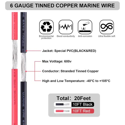 Miniatura 3 de Cable de calibre 6, iGreely 10 pies negro y 10 pies rojo 6 AWG cable eléctrico de cobre estañado, 2 cables aislados de un solo conductor trenzado