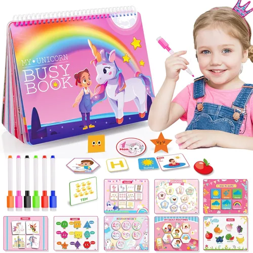 MDINGTD Juguetes Montessori para niños pequeños, regalos de unicornios para niñas de 3 a 5 años, 30 temas, libro ocupado para niños, juguetes