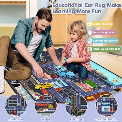 Miniatura 3 de Car Road - Alfombra de juegos para niños, 5 x 7 pies, alfombra de coche para niños y niños, educativa de tráfico urbano, alfombra de juego lavable
