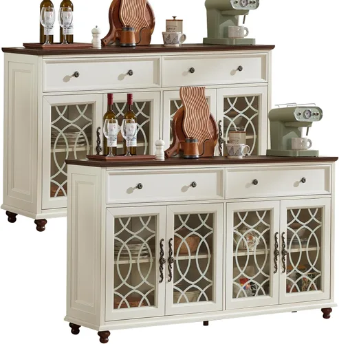 Miniatura 28 de Joaxswe Aparador de estilo rústico con almacenamiento, credenza grande de 59 pulgadas con 4 puertas de vidrio y 2 cajones, estantes ajustables, mesa