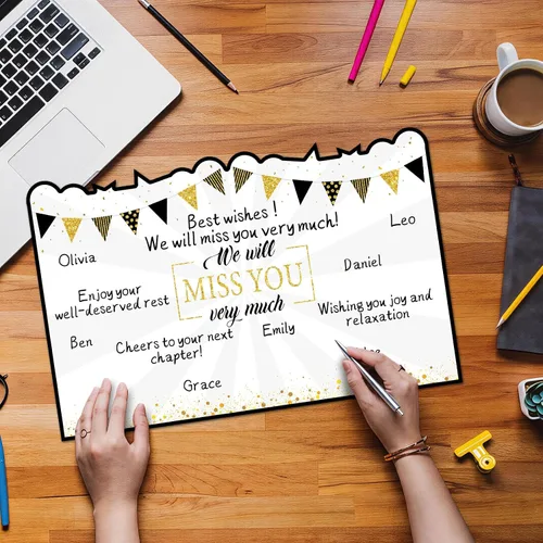 Miniatura 5 de Tarjeta de felicitación de despedida jumbo de color negro y dorado, grande, con texto en inglés "We Will Miss You", tarjetas para firmar tarjeta