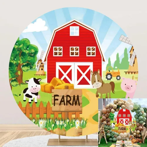 Fondo redondo de dibujos animados de animales de granja de 3 x 3 pies, fondo redondo para fotografía de granero rojo para niños, baby shower,