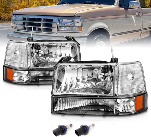 AmeriLite Para Ford F150 F250 F350 Bronco Truck Chrome 1992-1996 Conjunto de faros delanteros de repuesto con juego de lámparas de esquina de