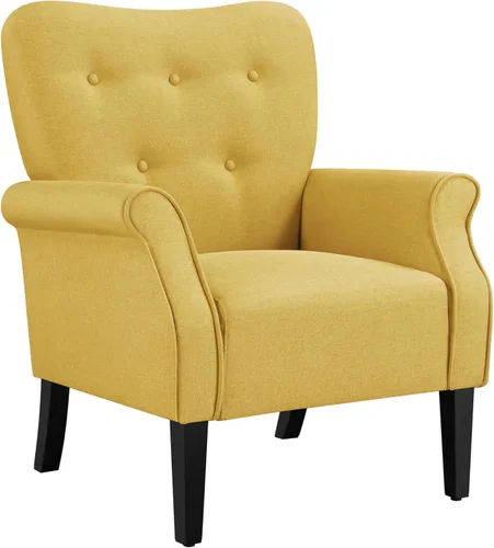 Miniatura 13 de Yaheetech Sillón moderno, silla decorativa de mediados de siglo con patas de madera resistentes y respaldo alto para espacios pequeños, sofá Azul