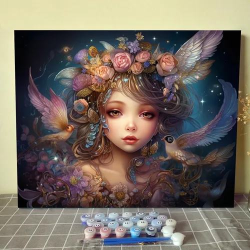 Tucocoo Kit de pintura de corona de ángel para adultos, flores rosadas, pintura por números para niños y adultos, principiantes, hadas, ángel,