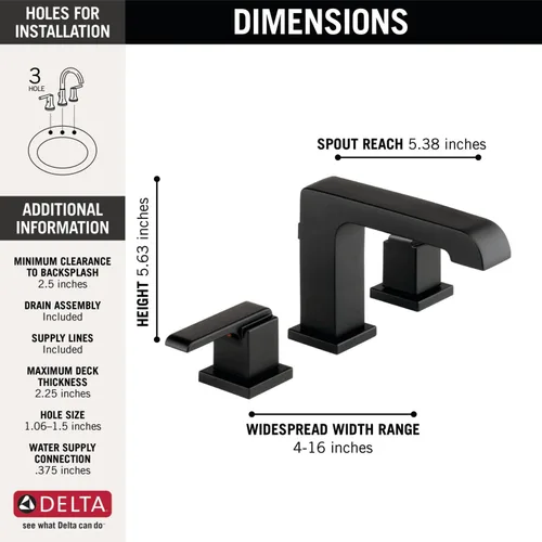 Miniatura 3 de Delta Faucet Ara - Grifo de baño de 3 agujeros, grifo de baño negro mate, tecnología de sello de diamante, ensamblaje de drenaje de metal, negro