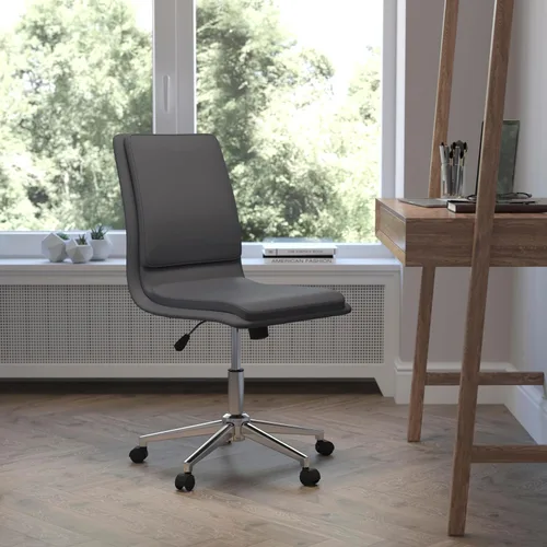 Miniatura 2 de Flash Furniture Madigan Task - Silla de oficina – Lujosa tapicería de cuero negro – Respaldo medio acolchado y asiento – Base cromada ajustable