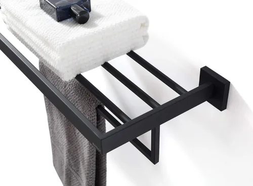Toallero, toallero para baño, toallero cuadrado moderno estilo hotel con estante, 24 pulgadas, negro mate, montado en la pared, sin montaje, serie
