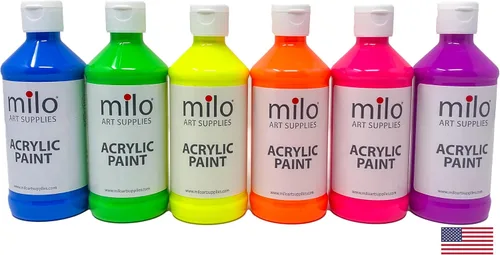 Miniatura 16 de milo Juego de 6 pinturas acrílicas fluorescentes Botellas de 4 onzas Paquete de pintura acrílica de colores neón para estudiantes Hecho