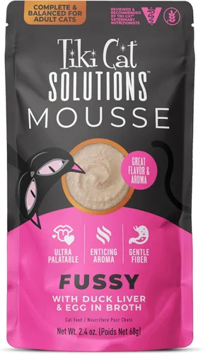 Tiki Cat Solutions Fussy Mousse, hígado de pato y huevo, especialmente formulado para apoyar la digestión saludable, gato húmedo funcional para