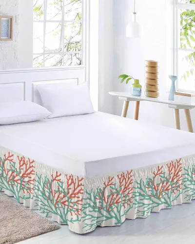 Miniatura 2 de Falda de cama color coral tamaño Queen de 16 pulgadas de caída, ajustable y elástica envolvente, plisada, con volantes de lujo para cama individual