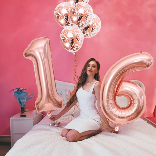 Miniatura 5 de Globos de cumpleaños número 16 para niñas, globos autoinflables de papel de aluminio de 40 pulgadas número 16 con globos de confeti de oro rosa, Oro