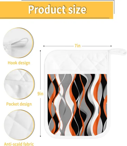 Miniatura 3 de Juego de 2 soportes para ollas con bolsillo para cocina, almohadillas calientes de aislamiento térmico, juego de 2, moderno blanco Moire geométrico