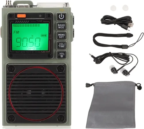 Miniatura 9 de Radio de banda completa portátil FM/VHF/AM/SW/WB receptor con Bluetooth 5.0, estéreo de bajos, alarma SOS, reproducción de tarjetas y linterna, retro
