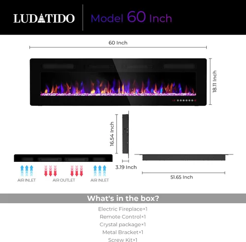 Miniatura 3 de Ludatido Chimenea eléctrica de 60 pulgadas montada en la pared/empotrada, inserto de chimenea eléctrica con 5100BTU para habitación de 410 pies Negro