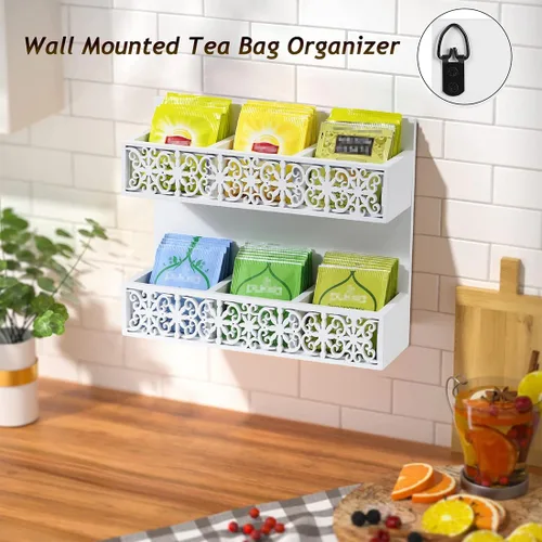 Miniatura 3 de Organizador de bolsas de té de madera de 2 niveles, soporte para bolsas de té montadas en la pared, organizador de bolsas de té, cofres de té