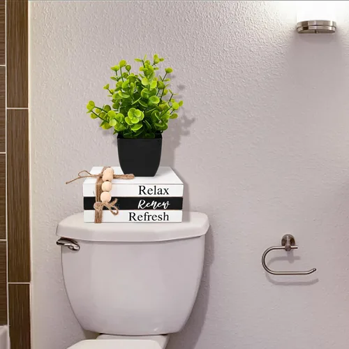 Miniatura 4 de Decoración de Estante de Baño Letreros Modernos y Divertidos para Decoración de Baño, Letreros Redondos 3D de Shiplap y Pila de Libros con 1 Planta