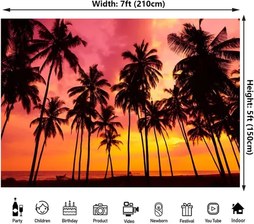 Miniatura 2 de Fondo de fotos de verano de 7 x 5 pies, diseño de palmeras junto al mar, atardecer, fantasía, crepúsculo, playa tropical, océano, para baby shower