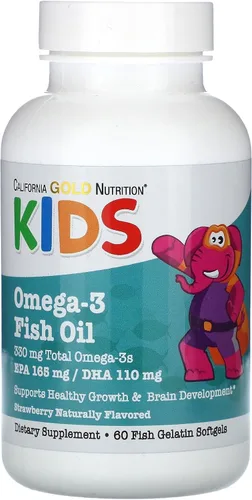 California Gold Nutrition Aceite de pescado Omega-3 para niños, fresa natural, 60 cápsulas blandas de gelatina de pescado