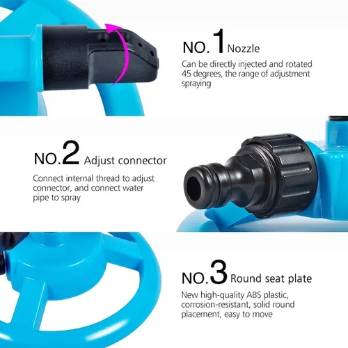 Miniatura 2 de Sene Aspersor automático de agua de jardín, sistema de riego de césped, rotación de cobertura de área grande, 360 grados, aspersor de plástico azul