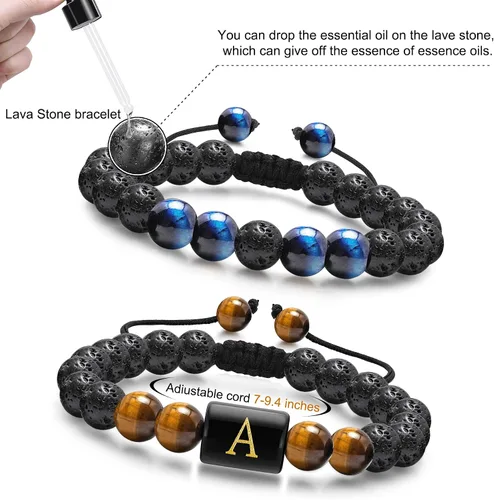 Miniatura 5 de M MOOHAM Bracelets for Mens Christmas Gifts - 8mm Natural Stone Initial Bracelet for Men Lava Rock Tiger Eye Bracelets Unique Anniversary Christmas