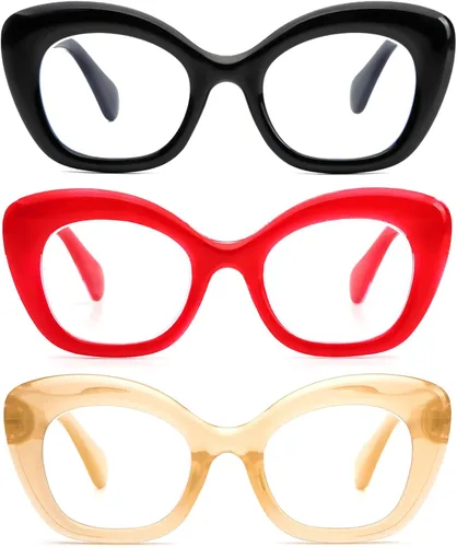 Miniatura 9 de REAVEE Paquete de 3 lentes de lectura de ojo de gato de gran tamaño para mujeres y hombres, marco grueso, bloqueo de luz azul, lentes elegantes