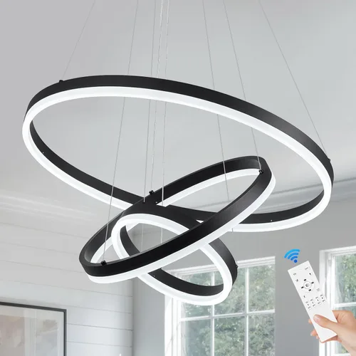 Miniatura 11 de Benkut Lámpara colgante LED moderna D24 pulgadas, color negro dorado, lámpara LED circular regulable, 1 anillo con control remoto, luz colgante
