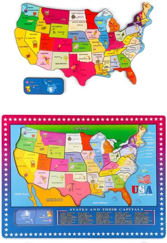 Miniatura 5 de Rompecabezas de madera de mapa de Estados Unidos, rompecabezas de mapa de 46 piezas para niños, rompecabezas educativos de geografía de Estados