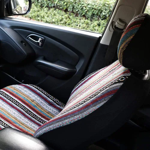 Miniatura 7 de Funda de Asiento de Coche Manta Baja Saddle 4PCS Delantera a Rayas Multicolor, Funda de Asiento Hippie Boho de Ajuste Universal para Toyota, Honda