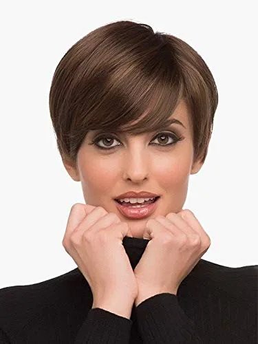 Peluca Kris color 38 gris oscuro – Envy Wigs de 4 pulgadas, corta, elegante, coqueta, retro, Pixie, parte de monofilamento sintético, largo lateral,