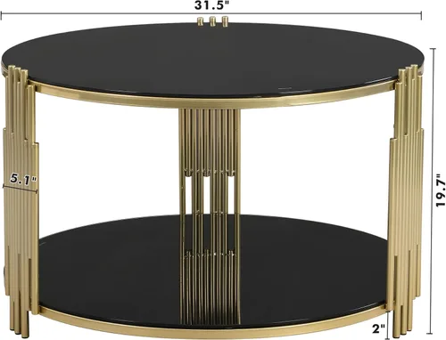 Miniatura 8 de Merax Mesa de centro con espejo, metal asimétrico, base de tambor de metal circular, estante inferior con acabado dorado moderno, negro