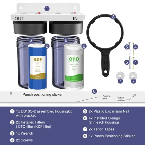 Miniatura 7 de SimPure Sistema de filtro de agua para toda la casa, prefiltración de agua transparente de 2 etapas con filtros de carbono y KDF, reduce el hierro