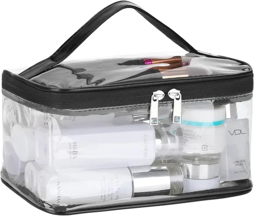HAOGUAGUA Bolsa de maquillaje transparente para cosméticos con compartimento para cepillos, portátil, impermeable, bolsa de aseo transparente para