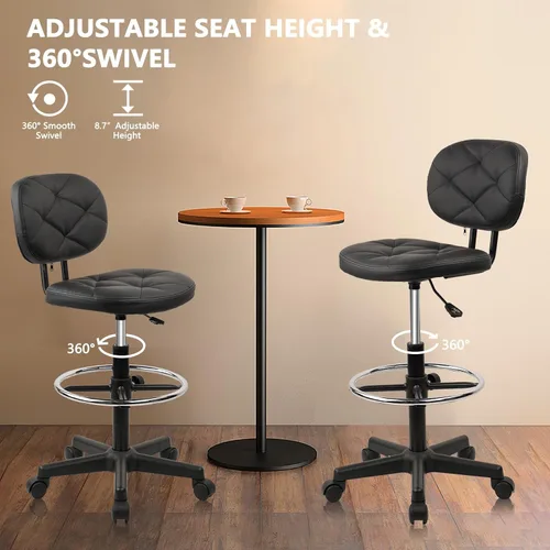Miniatura 4 de KLASIKA Taburetes rodantes de piel sintética con reposapiés y soporte para la espalda, silla de dibujo tapizada con diamante ajustable con ruedas