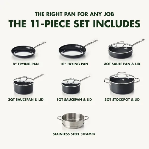 Miniatura 2 de GreenPan Chatham Black Prime Midnight - Juego de ollas y sartenes de cerámica anodizada dura y saludable de 11 piezas, sin PFAS, apto