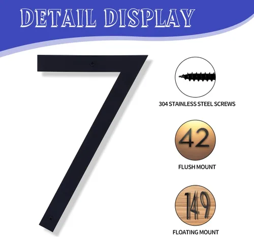 Miniatura 3 de Números de casa negros de metal moderno de 12 pulgadas para exterior, dirección flotante número 7 con kit de clavos para puerta