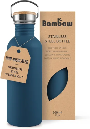 Bambaw Botella de agua de acero inoxidable de 16 onzas, botella deportiva azul marino, no aislada, de pared simple, botella de agua pequeña de metal
