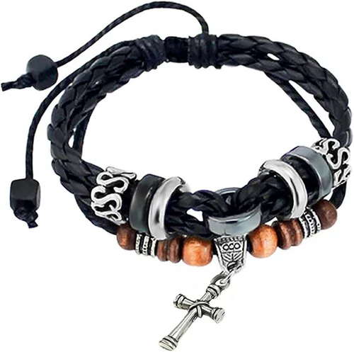 Miniatura 8 de Suyi brazalete ajustable con varias capas, de cuero tejido trenzado con cruz. Pulsera tipo esclava.