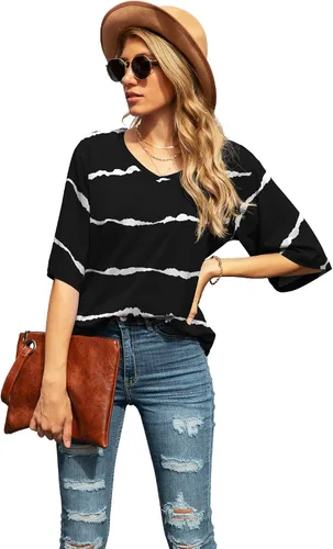 Miniatura 3 de SUEANI - Camiseta de cuello en V para mujer, diseño holgado con manga 34 acampanada