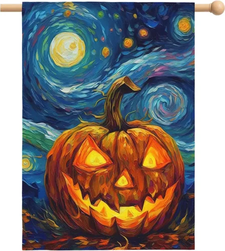 Miniatura 78 de Bandera de jardín de Halloween, bandera de jardín de calabaza Van Gogh, banderas de jardín, artes, cielo nocturno estrellado, luna, bandera