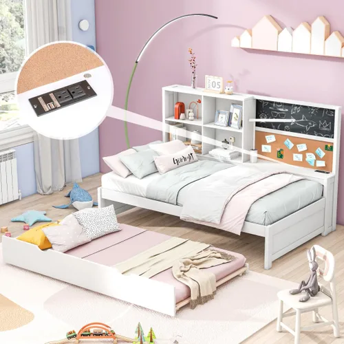 Miniatura 4 de Sofá cama de tamaño individual con nido y estantería, pizarra, tablero de corcho, sofá cama con estación de carga, puertos USB, color blanco Blanco-t