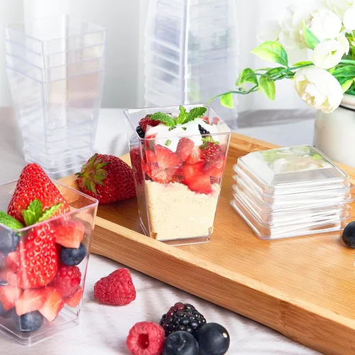 Miniatura 6 de TOFLEN Paquete de 100 Tazas de Postre de Plástico de 5 oz con Tapas para Fiestas, Mini Tazas de Postre con Cucharas Tazas Shooter de Postre