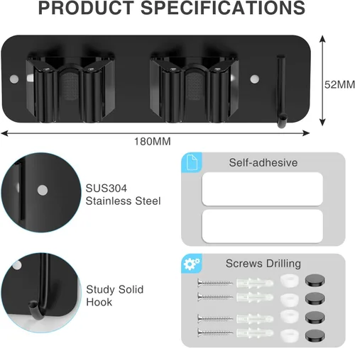 Miniatura 5 de homeasy - Soporte de pared para escoba y fregona, organizador con ganchos de acero inoxidable resistente Pack de 2, instalación sin taladro ni