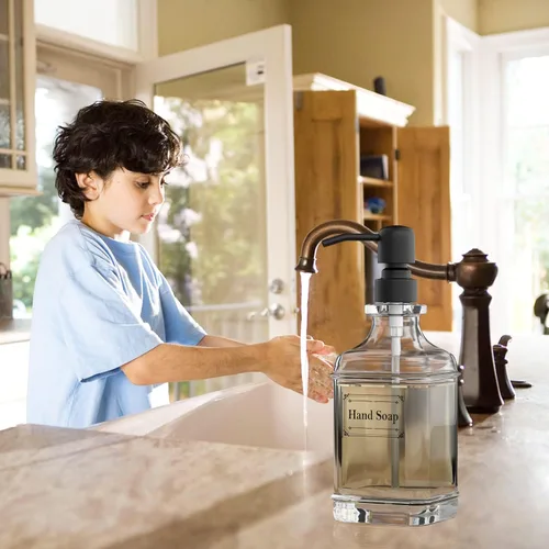 Miniatura 7 de GLADPURE - Paquete de 2 dispensadores de jabón, 18 onzas de capacidad, dispensadores de manos de vidrio grueso de diseño antiguo; con bomba de acero