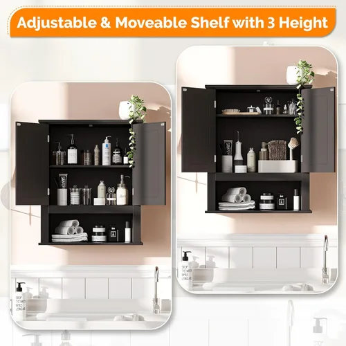 Miniatura 7 de VINGLI Armario de pared de baño, botiquín negro con estante abierto y 2 puertas, organizador de almacenamiento ajustable para colgar sobre