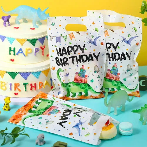Miniatura 4 de Colarr 50 bolsas de plástico para recuerdos de fiesta de dinosaurios, bolsas de regalo de dinosaurio, bolsas de cumpleaños de dinosaurios con asa