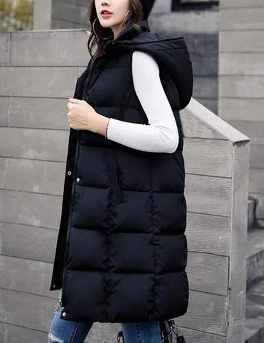 Miniatura 3 de Fiona Jolin Chaleco largo acolchado para mujer, negro, de invierno, de algodón, acolchado, sin mangas, chaquetas hinchadas